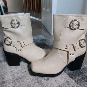 Public Desire Beige Heeled Boots with Silver Buckles